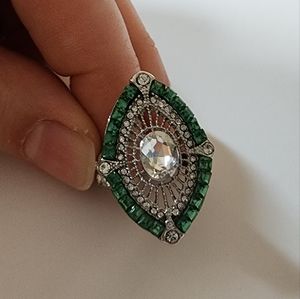 Silvertone Green Clear Rhinestone Ring Vintage Look Faux Emerald Size 8